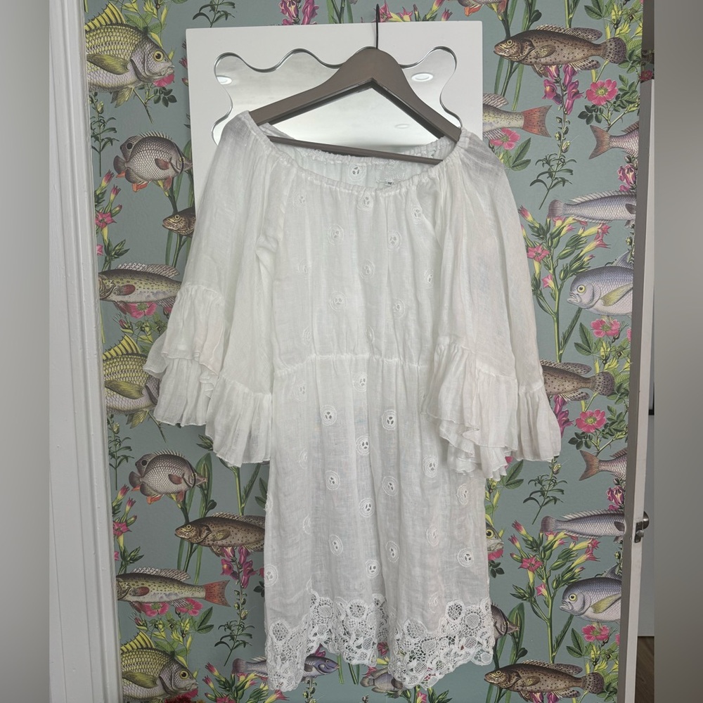 queen moda positano italy white off shoulder dress 100% linen
